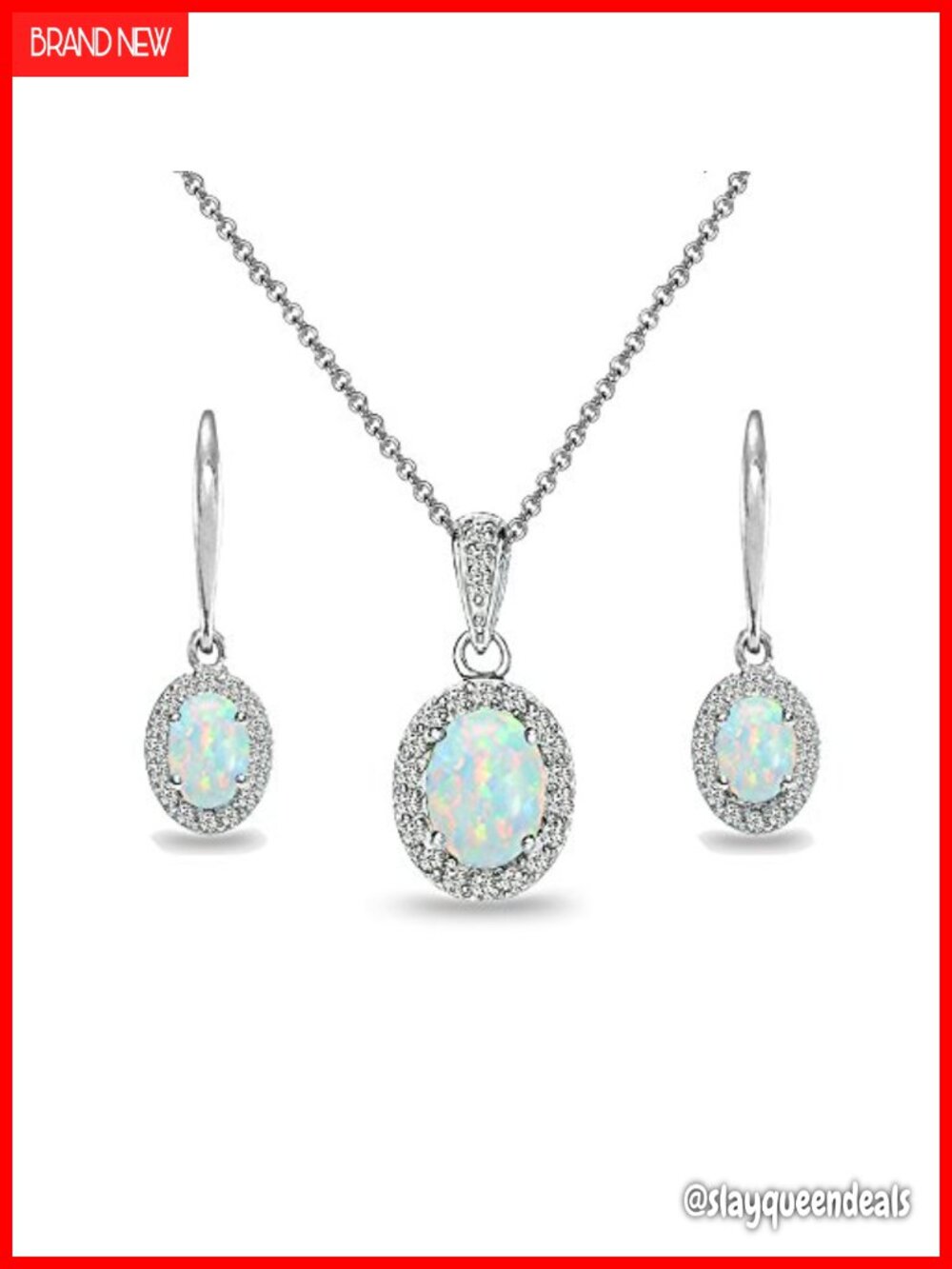 Sterling Silver Synthetic Opal Halo Dangle Earrings Necklace Jewelry Set